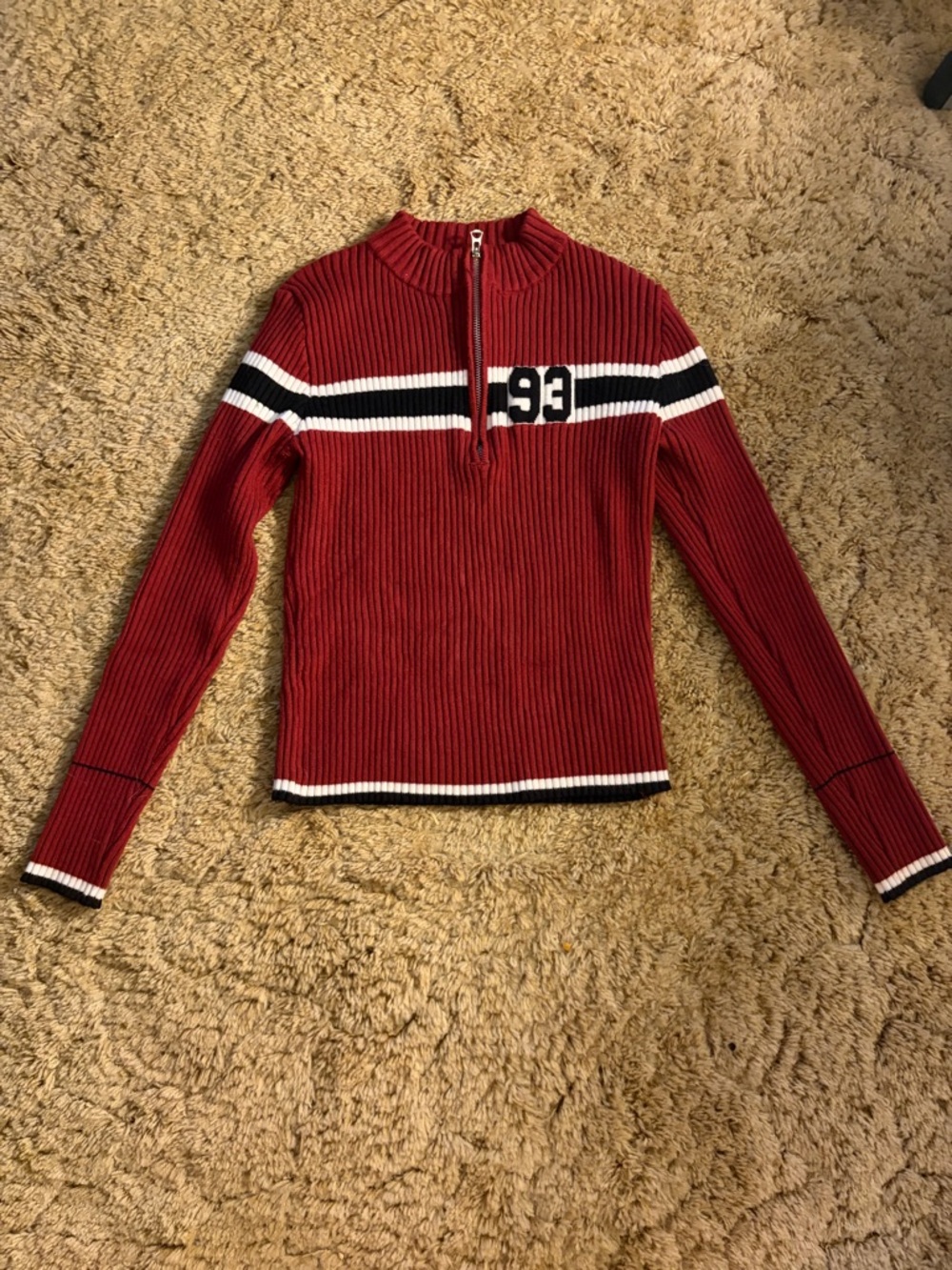 Cider Red Ribbed Half-Zip Sweater with Black & White Stripes